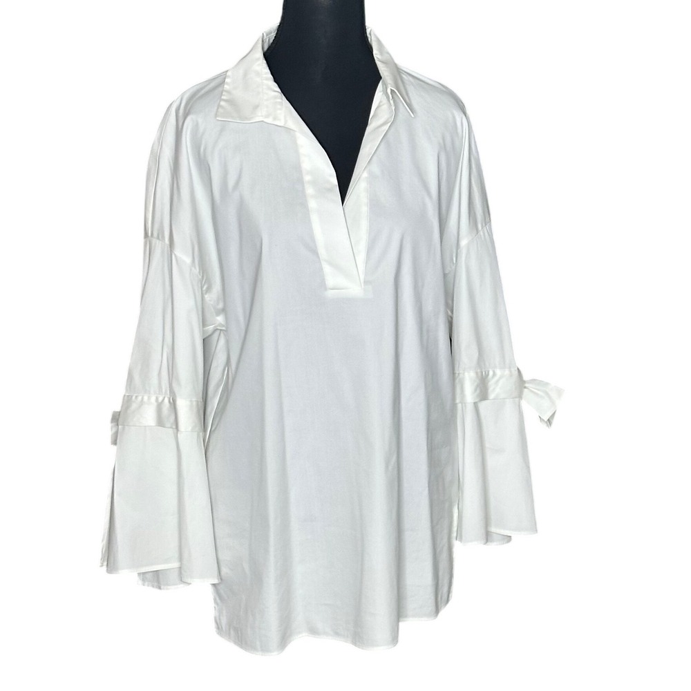 Lafayette 148 New York White Cotton Poplin Bell Sleeve Bow Tunic Blouse Medium